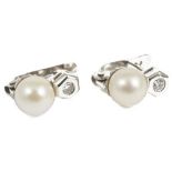 A pair of cultured pearl and diamond set earringswith single stone diamond in hexagonal white
