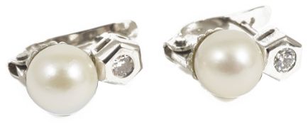 A pair of cultured pearl and diamond set earringswith single stone diamond in hexagonal white