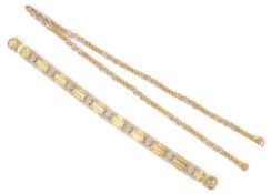 A contemporary gold and diamond set bracelet and a two colour gold necklacethe articulated