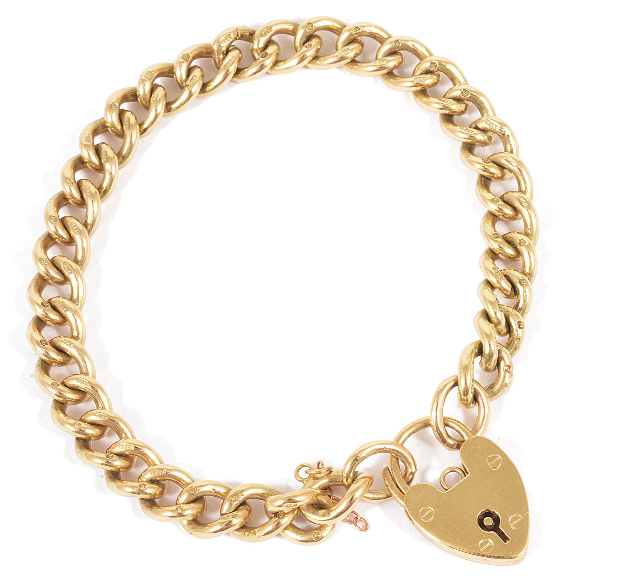 A 9ct gold curb link bracelet with heart padlock fasteningmarked 9 to each bracelet linkapprox.