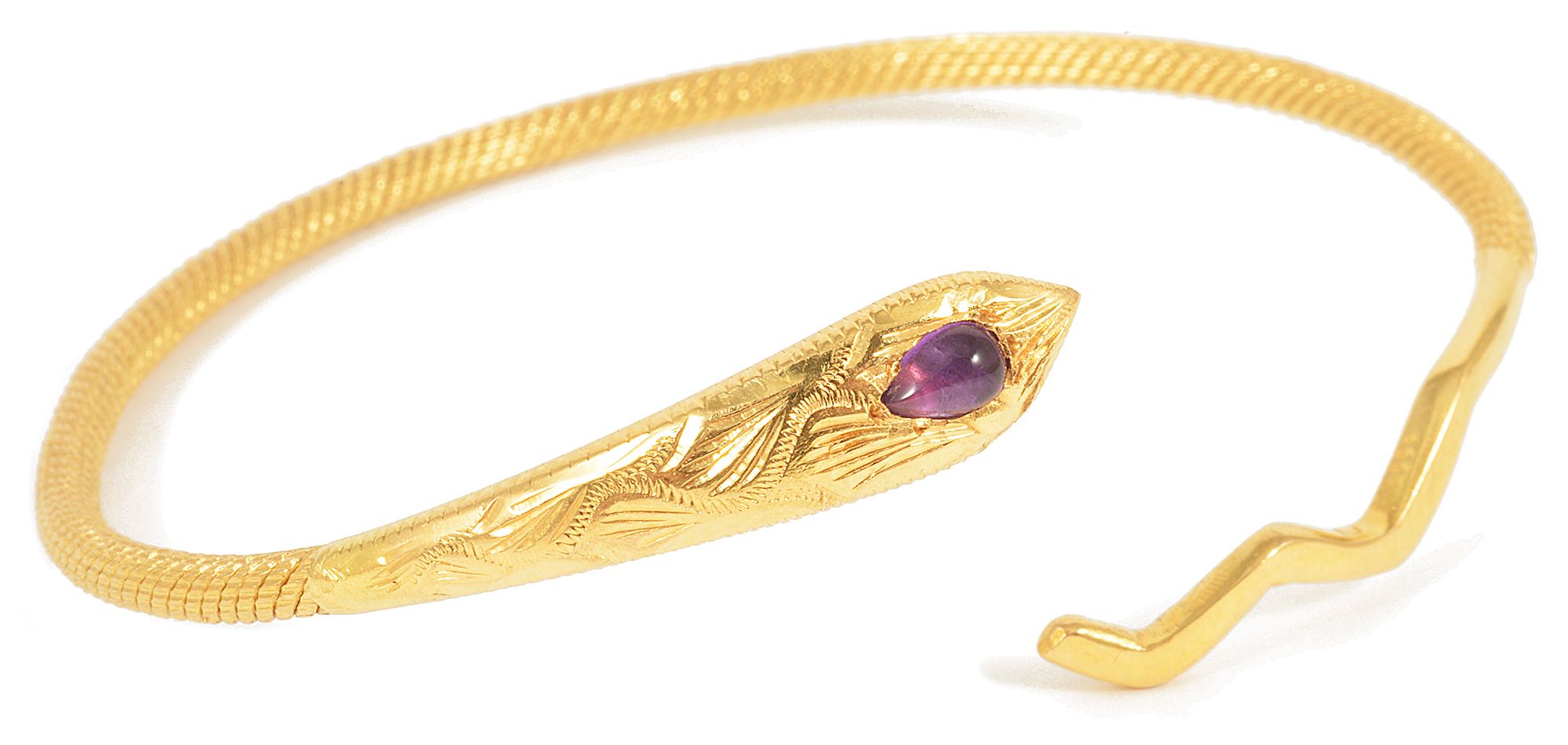 A contemporary 18ct gold woven snake banglethe serpent's head set with a single tear shaped cabochon