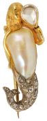 An unusual large baroque pearl and diamond set mermaid broochthe body formed from a large tapered