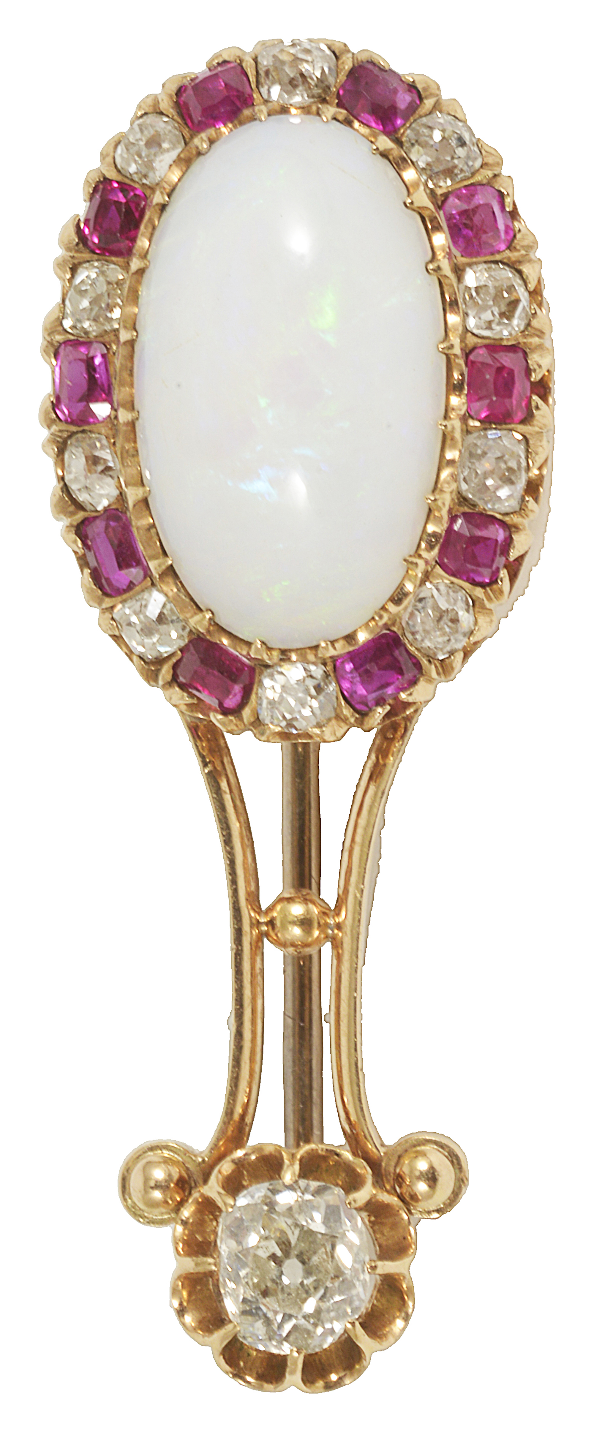 A Victorian precious opal, ruby and diamond set broochhaving large oval opal set within a ruby and