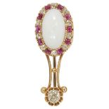 A Victorian precious opal, ruby and diamond set broochhaving large oval opal set within a ruby and