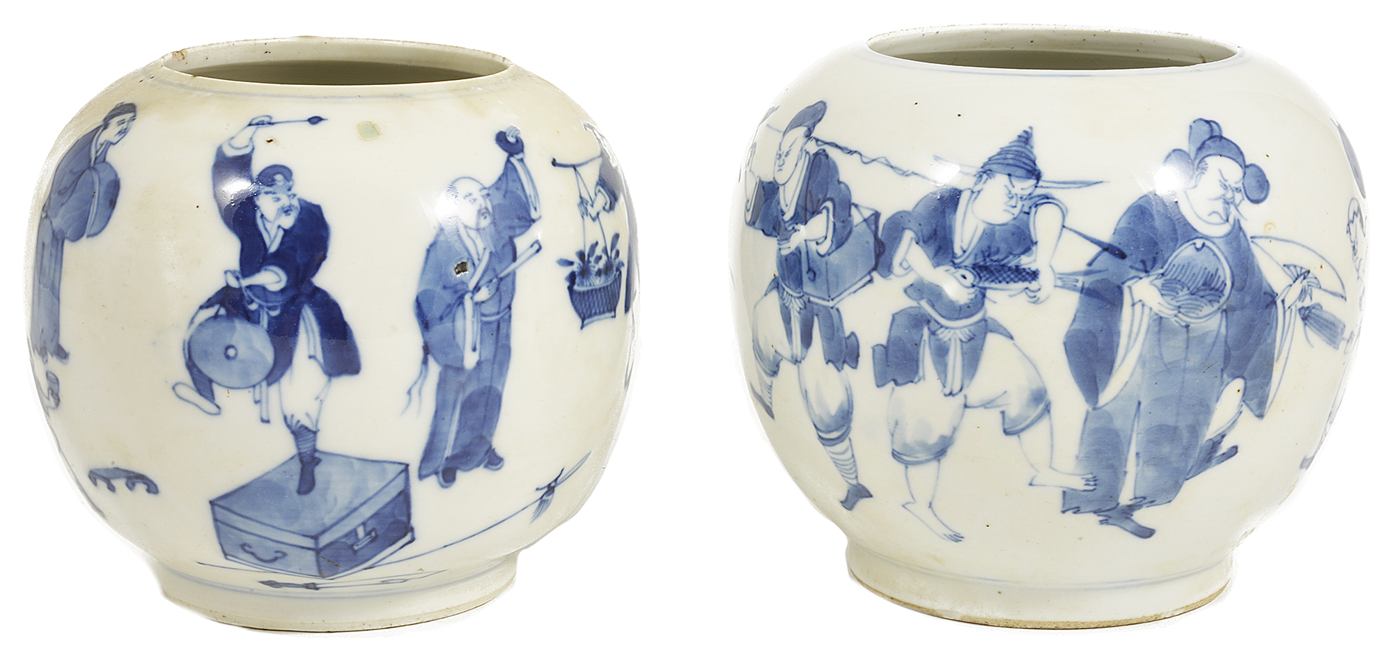 Two Chinese blue and white porcelain jars, circa 1910each painted with a continuous frieze of