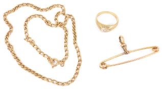 A 9ct gold flat curb link chaintogether with a 9ct gold fob pin and a single stone diamond set