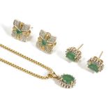 A pair of contemporary gold mounted fancy emerald cluster earringstogether with an emerald oval