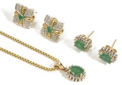 A pair of contemporary gold mounted fancy emerald cluster earringstogether with an emerald oval