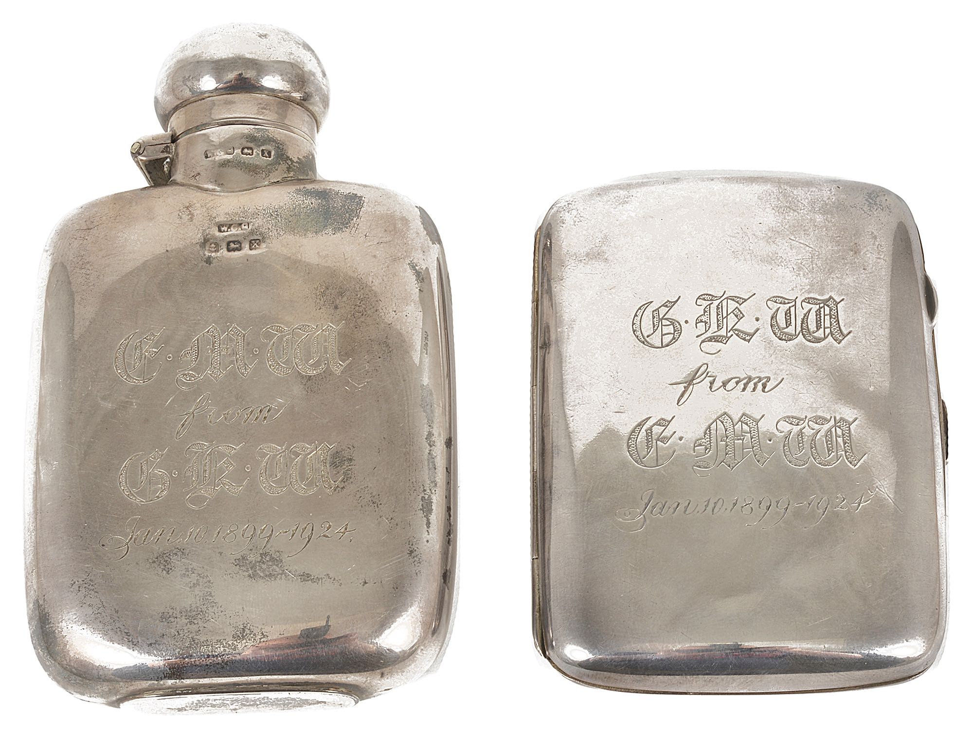 A silver hip flask and a silver cigarette case, Birmingham 1922the hip flask of typical form with