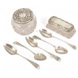 Miscellaneous silver: dressing table containers and spoonscomprising two silver topped dressing