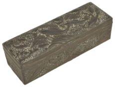 A early 20th century Japanese antimony box,the hinged lid decorated in high relief with carp amongst