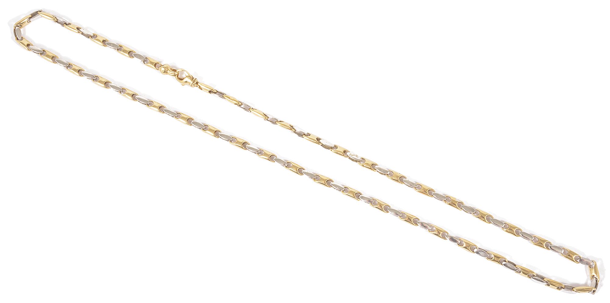 A simple Italian 14K two colour gold fancy neck chainof modern design formed of alternate yellow and