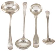 A selection of four Georgian and Victorian silver sauce ladles, an old English pattern by Ann