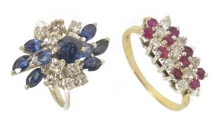 A sapphire and diamond cluster ring and a ruby and diamond ring,the sapphire ring of spray cluster