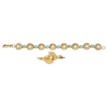A Continental turquoise and pearl set sunburst link bracelet, circa 1950each rose gold sunburst link