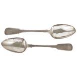 Two silver fiddle pattern serving spoons, London 1821 & 1827, each with engraved handle terminals