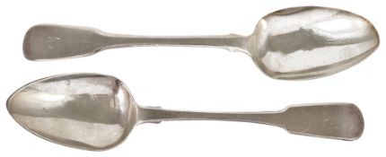 Two silver fiddle pattern serving spoons, London 1821 & 1827, each with engraved handle terminals