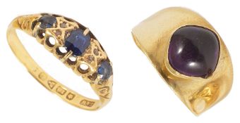 An Edwardian gold mounted sapphire gypsy ring and an amethyst ringthe gypsy ring marked 18ct for