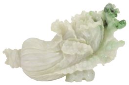 A Chinese jade carving of a cabbage, 20th centurythe jade shading from creamy white through to the