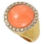 A large circular coral and diamond set cluster cocktail ring,