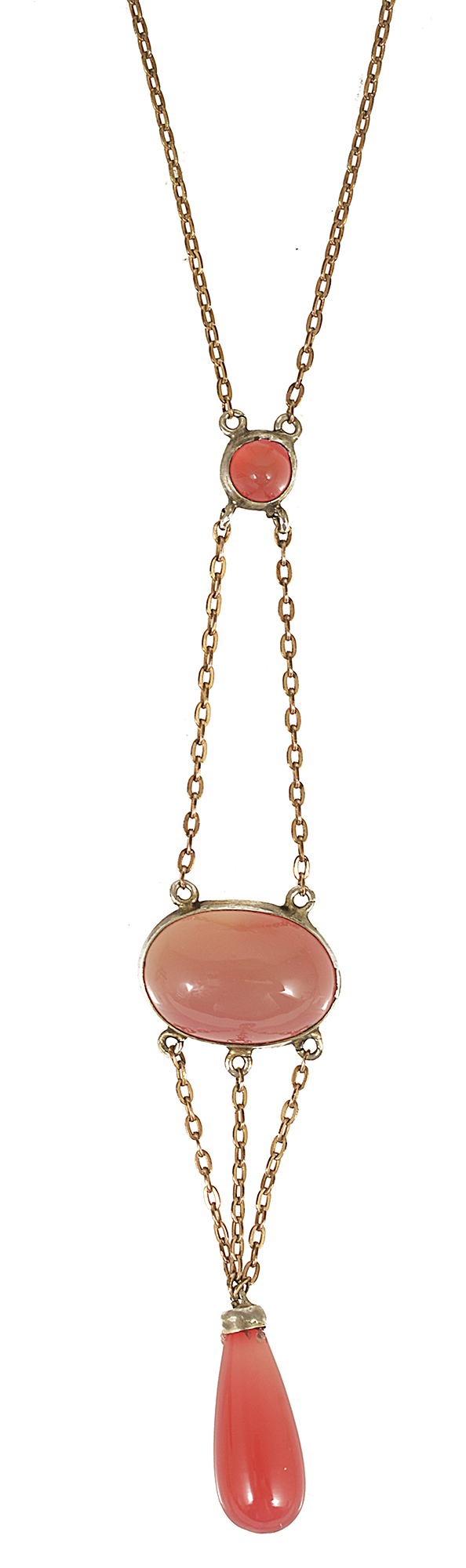 A delicate Edwardian pink dyed chalcedony pendant drop necklace