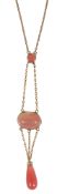 A delicate Edwardian pink dyed chalcedony pendant drop necklace