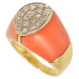 A striking red coral and pave diamond set panel cocktail ring,