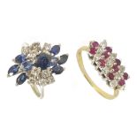 A sapphire and diamond cluster ring and a ruby and diamond ring,