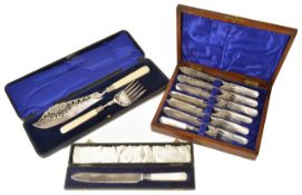 A cased set of six mother of pearl handle silver plated fish knives and forks,