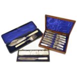 A cased set of six mother of pearl handle silver plated fish knives and forks,