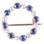 A delicate Continental small pearl and sapphire set circle brooch