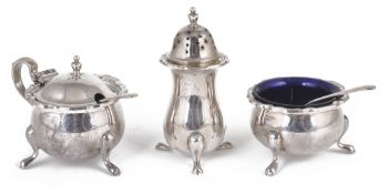 A Mappin & Webb three piece condiment suite, hallmarked Sheffield 1935