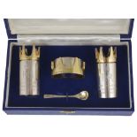 A contemporary Mappin & Webb silver jubilee silver and silver gilt condiment suite, hallmarked Londo