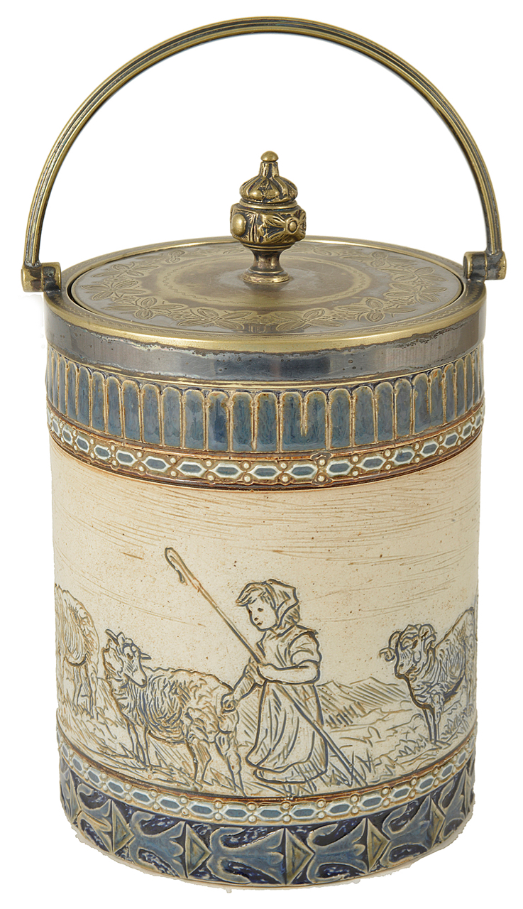 A Doulton Lambeth biscuit barrel by Hannah Barlow,