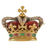 A good quality diamond and gem set enamel crown brooch