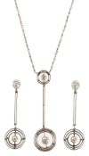 A stylish Art Deco diamond set pendant necklace and matching eardrops