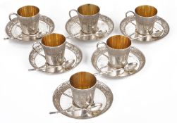 A set of six Chinese export silver coffee cups and saucers, circa 1910, Luen Hing