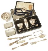 A collection of silver cruets, cigarette cases, christening spoons with forks,