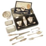 A collection of silver cruets, cigarette cases, christening spoons with forks,