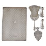 A collection of silverware silver card holder, medal, pendents