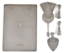 A collection of silverware silver card holder, medal, pendents