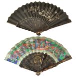 Two Chinese hand painted and lacquer decorated fans