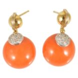 A pair of attractive red coral and diamond Continental circular ear drops,