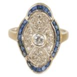 An attractive Art Deco style sapphire and diamond panel ring,