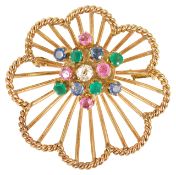 A diamond and gem pierced floral cocktail brooch, circa 1950