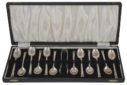 An Art Deco suite of silver teaspoons and sugar nips, hallmarked Sheffield 1935