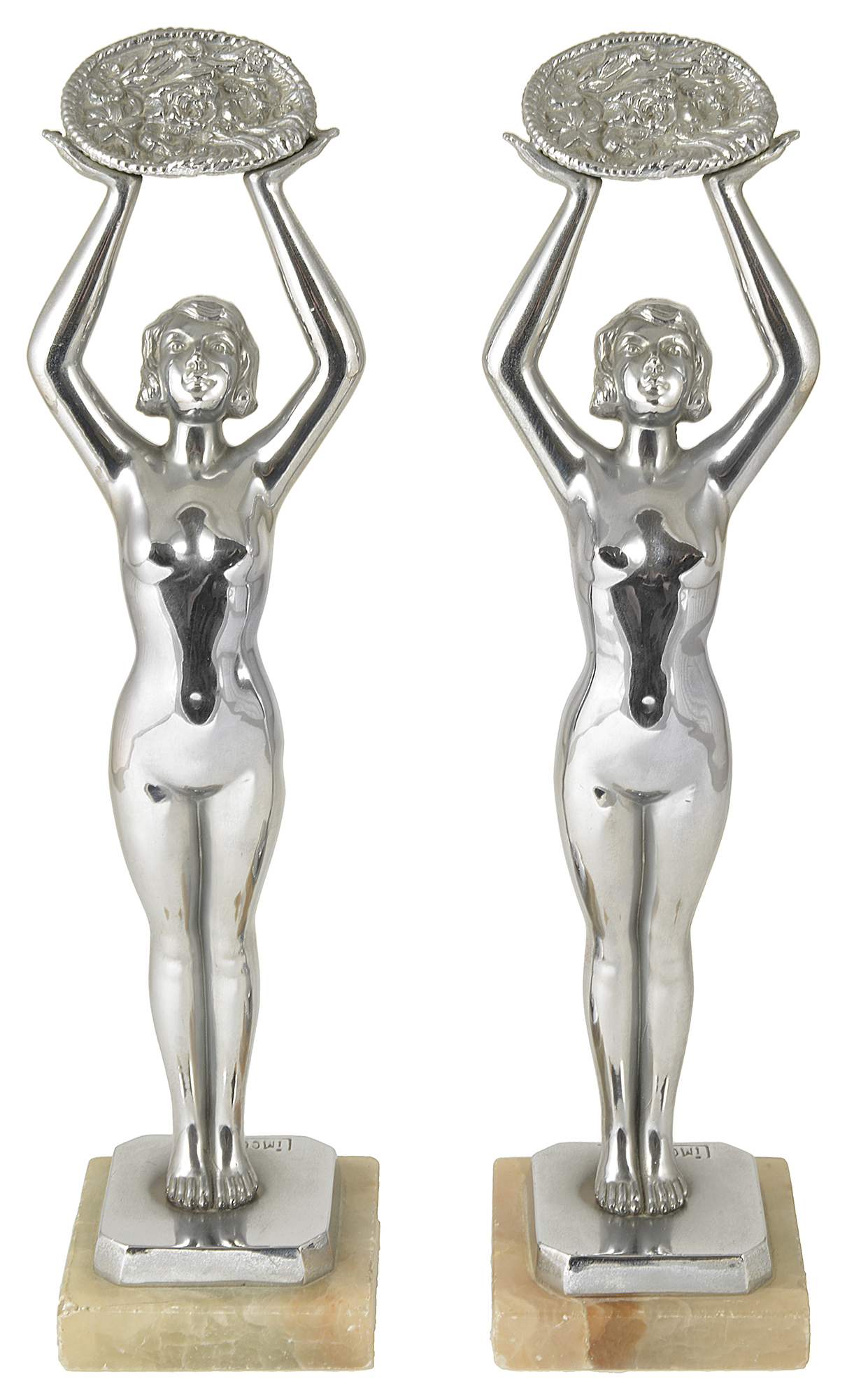 A pair of Art Deco Limousin chrome plated spelter nude figures,