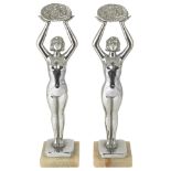 A pair of Art Deco Limousin chrome plated spelter nude figures,
