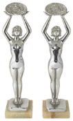 A pair of Art Deco Limousin chrome plated spelter nude figures,