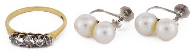 A delicate five stone diamond set ring and a pair of gold 'Ciro' cultured pearl earrings,